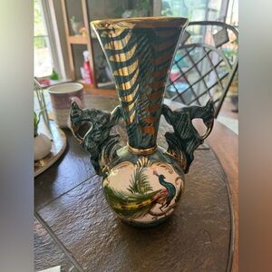 Majolica Style Belgian Vase with Peacock Motif